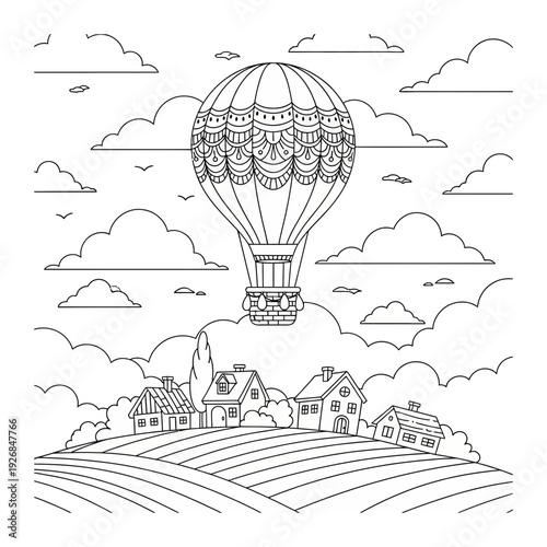 A hot air balloon flies over a city from a book