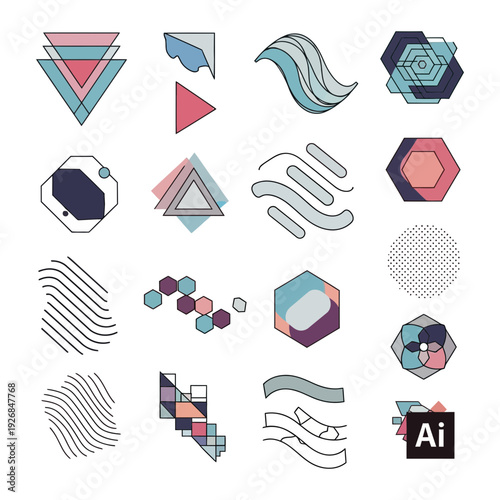 A collection of geometric shapes with colorful patterns