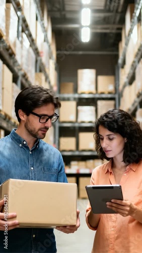 worker holding box consulting manager with tablet in distribution center video