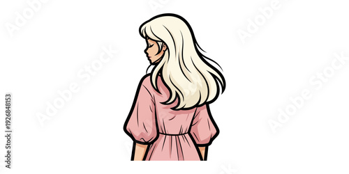 Elegant illustration of a woman with long blonde hair in a flowing pink dress