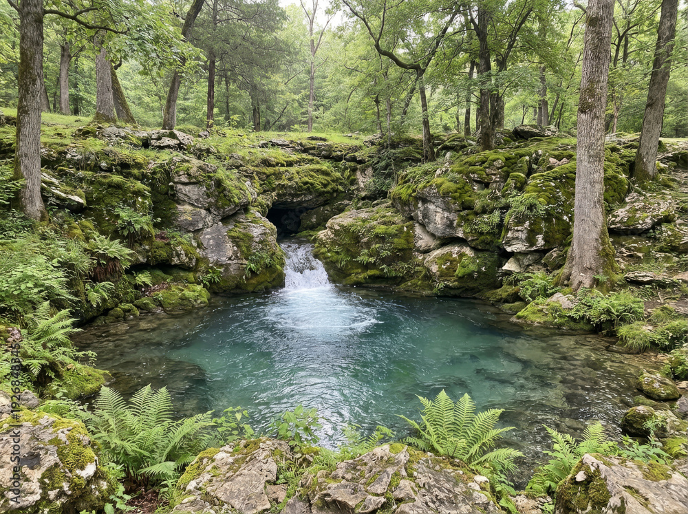 Obraz premium A serene natural spring emerges from moss-covered rocks surrounded by lush green forest and ferns.