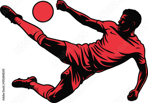Dynamic Soccer Player Volley Kick Vector Illustration: Football Striker Silhouette.