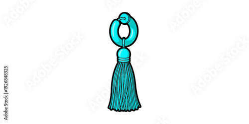 A stylized turquoise key with a tassel hanging from its bow design