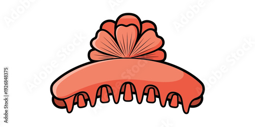 A stylized illustration of a hair claw clip with decorative floral design