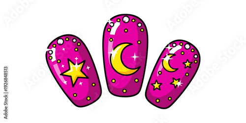 Colorful glittery nail art featuring stars, moons, and whimsical designs on pink nails