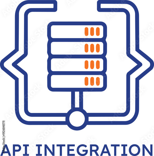Professional flat vector icon for API integration featuring blue line art of server racks enclosed in coding brackets representing software development and backend data connectivity