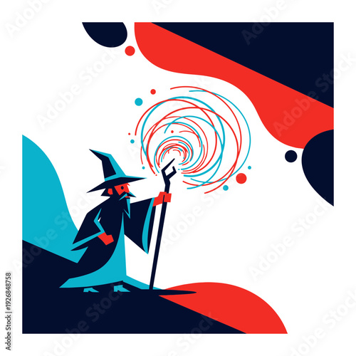 A wizard casting a magical spell with his staff