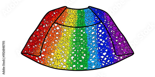 A vibrant, glittery rainbow-colored party hat with a whimsical sparkle design