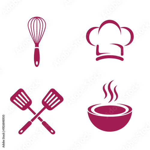 Four maroon kitchen including whisk chef hat spatula and steaming bowl