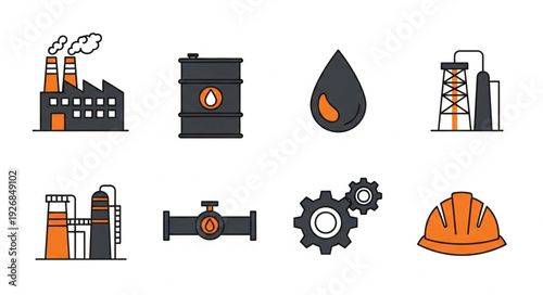 Oil and gas industry icons representing production and safety equipment.