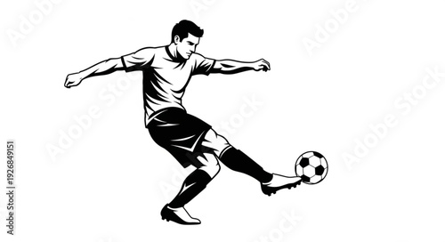 Soccer player kicking the ball with focused determination and skill on the field.