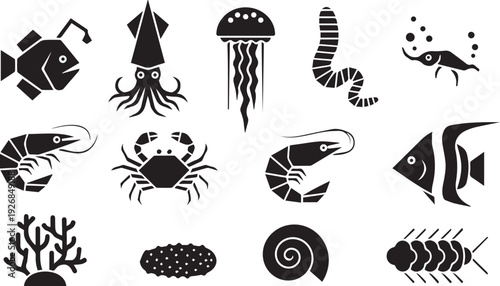 Collection of black and white vector illustrations of sea creatures: anglerfish, squid, jellyfish, shrimp, crab, fish, coral, and snail shell.