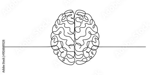 Continuous line drawing of a human brain showing left and right hemispheres on a white background.
