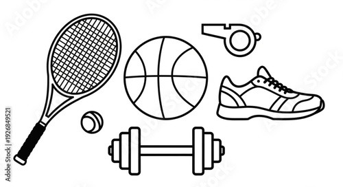 Sports equipment collection featuring tennis racket, basketball, whistle, shoe, dumbbell, and ball.