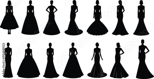 Elegant women evening dress silhouette collection, fashion gown poses set, stylish female figures, black clothing illustrations isolated on white