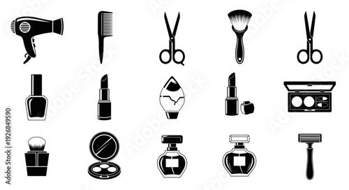 Collection of beauty and grooming tools for hair and makeup, isolated on white.