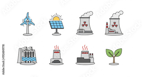 Various energy sources and environmental concepts depicted in colorful illustrations.