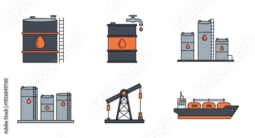 Oil industry production and transportation icons set on white background.