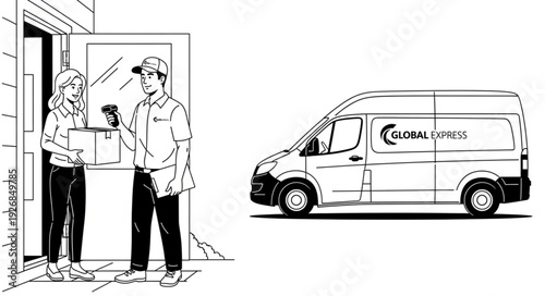 Delivery person hands package to customer at the front door of the house with a van.