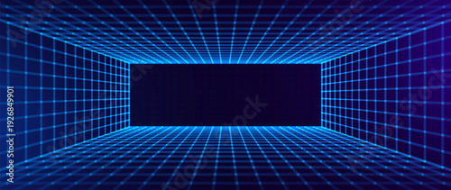 Futuristic Digital Grid Room Background with Perspective Neon Lines. Virtual Reality and Cyber Technology Space Concept for Data Visualization and Innovation Design. Vector Illustration