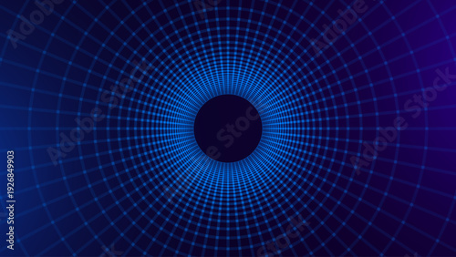 Blue Digital Tunnel or Wormhole. Wireframe Abstract Mesh with Hole. 3D Tunnel Grid Mesh. Blue Hi Tech Texture. Technology or Science Vector Illustration.