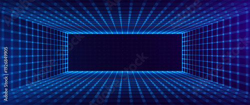 Futuristic Digital Grid Room Background with Perspective Neon Lines. Virtual Reality and Cyber Technology Space Concept for Data Visualization and Innovation Design. Vector Illustration