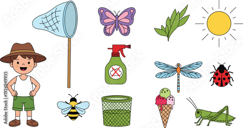 Cute Gardening and Nature Vector Illustration Set with Farmer Boy, Insects, Net, Spray Bottle, Sun, Leaf, and Eco Elements