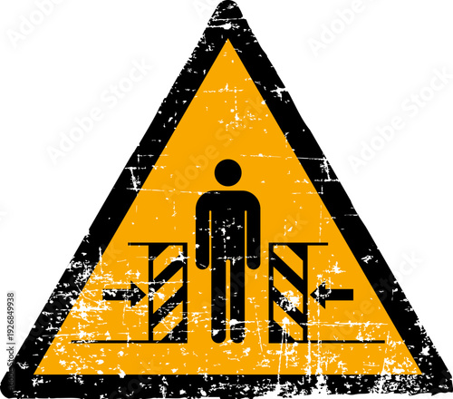 Grunge crushing warning sign worn scratched ISO 7010 W019 hazard symbol