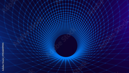 Blue Digital Tunnel or Wormhole. Wireframe Abstract Mesh with Hole. 3D Tunnel Grid Mesh. Blue Hi Tech Texture. Technology or Science Vector Illustration.