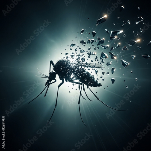 Mosquito explodes into shards of glass in a dark environment viewed from the side