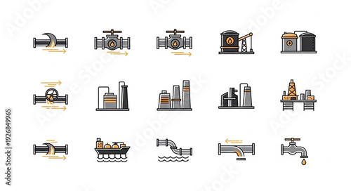 Collection of industrial icons representing oil and gas industry elements.