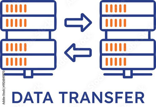 Professional data transfer icon featuring two blue server racks with orange arrows showing bidirectional information exchange between databases for cloud computing and business network synchronization