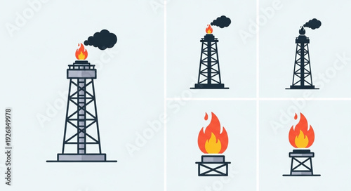 Oil refinery towers with flames and smoke, industrial energy concept.