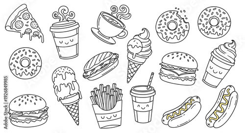 Black and white line drawing of various fast food items