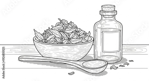 Herbal remedy illustration featuring a bowl of herbs, spoon, and a bottle of oil.