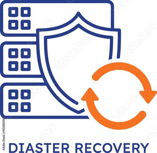 A professional vector icon representing disaster recovery and data protection featuring blue server storage units secured by a shield and an orange circular synchronization arrow