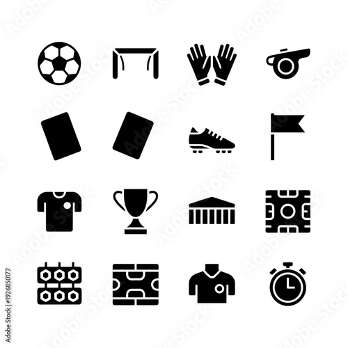 Soccer Icon Set Black Filled Silhouette for Football Tournament and Sports Event Design