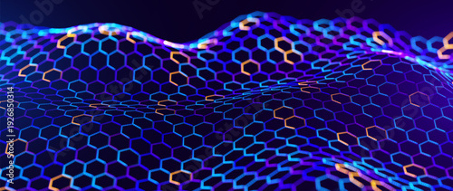 Futuristic Hexagonal Mesh Landscape with Dynamic Light Reflections. Advanced Technology Data Surface Representing Nanomaterials and Innovation Concept. Vector Illustration.