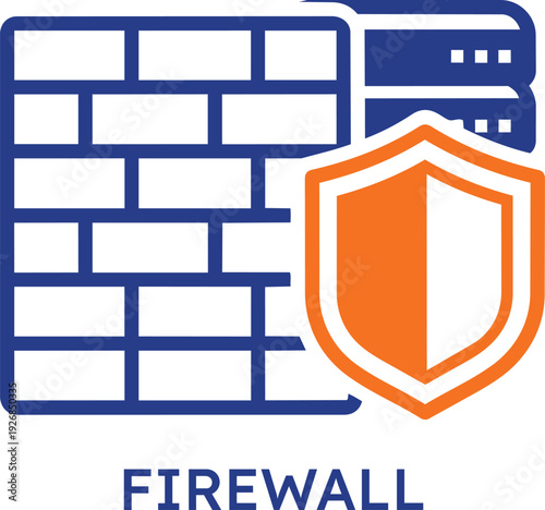 A minimalist vector icon of a network firewall featuring a brick wall and orange security shield protecting server data racks for cyber security concepts