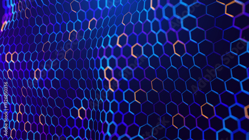 Colored Hexagon Grid Wave Forming Abstract Digital Terrain. Nanotechnology Network and Scientific Molecular Structure Background. Vector Illustration.