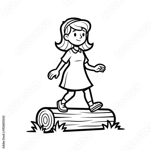 Girl walking on log in park in black and white illustration  