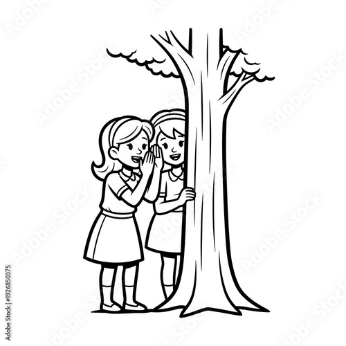 Two girls whispering secrets behind a tree in a playful scene  