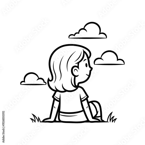 Girl watching clouds from grass in black and white outline style  