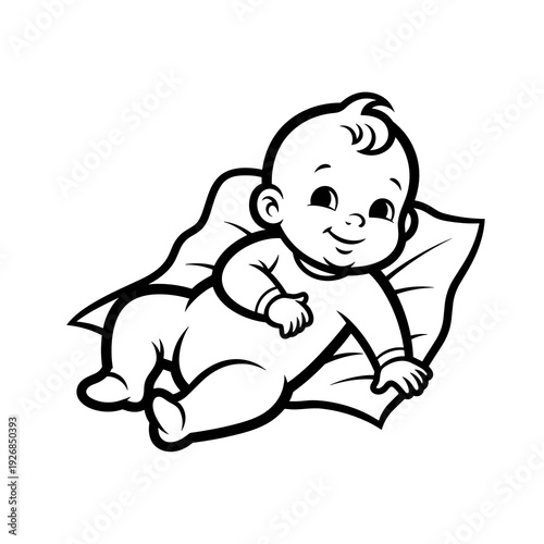 Infant in white onesie on blanket smiling and lying on soft surface  