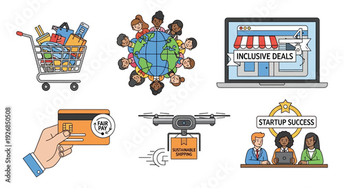 Modern Business Concepts: Global Commerce, Fair Trade, Sustainable Shipping, Diverse Teams & Startup Success Icons