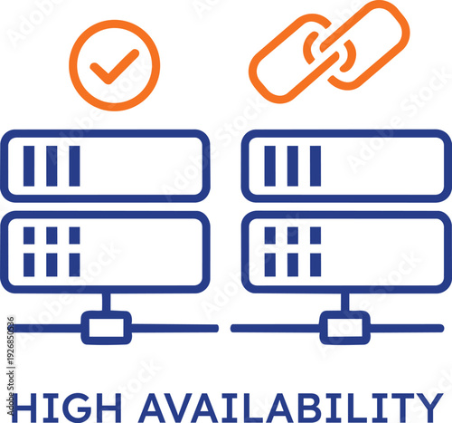 Professional high availability server icon featuring dual data storage racks with orange checkmark and link symbols representing redundant systems and reliable network infrastructure for business