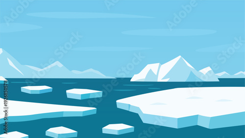 Cartoon Arctic scenery with floating icebergs and a frozen ocean vector art
