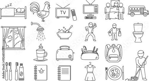 PrintChild Daily Routine Line Icons Set with Wake Up, School, Hygiene and Household Activities
