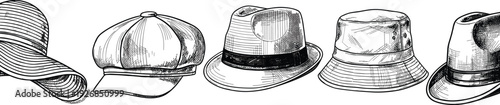 Hand drawn vector sketch set of various classic hats including a sun hat newsboy cap fedora and bucket hat for fashion and summer brandingHand drawn 