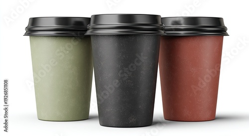 Wallpaper Mural Three paper coffee cups, with black lids, in earthy green, black, and red hues, on white Torontodigital.ca